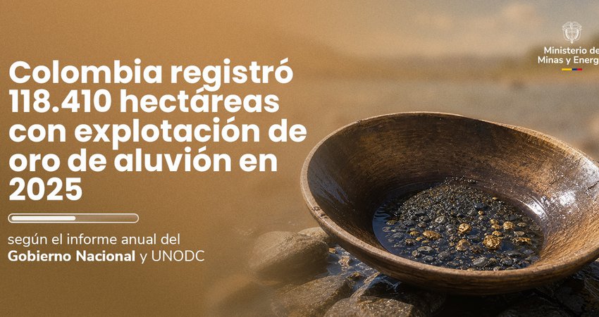 Colombia registró 118.410 hectáreas con explotación de oro de aluvión en 2025, según el informe anual del Gobierno Nacional y UNODC